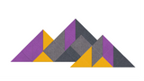 Geometric mountain composition in purple, yellow, and gray triangular shapes arranged in overlapping peaks.
