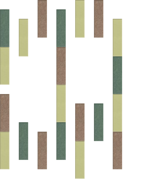 Gallery wall layout with vertical rectangular frames in sage green, tan, and brown tones arranged in staggered pattern.