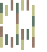 Gallery wall layout with vertical rectangular frames in sage green, tan, and brown tones arranged in staggered pattern.