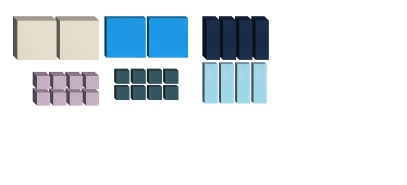 Six color swatch sets displaying beige, blue, navy, purple, dark teal, and light blue cube-shaped samples.