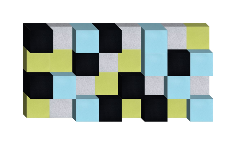 Interlocking cubic blocks in black, yellow-green, light blue, and gray arranged in a staggered pattern.