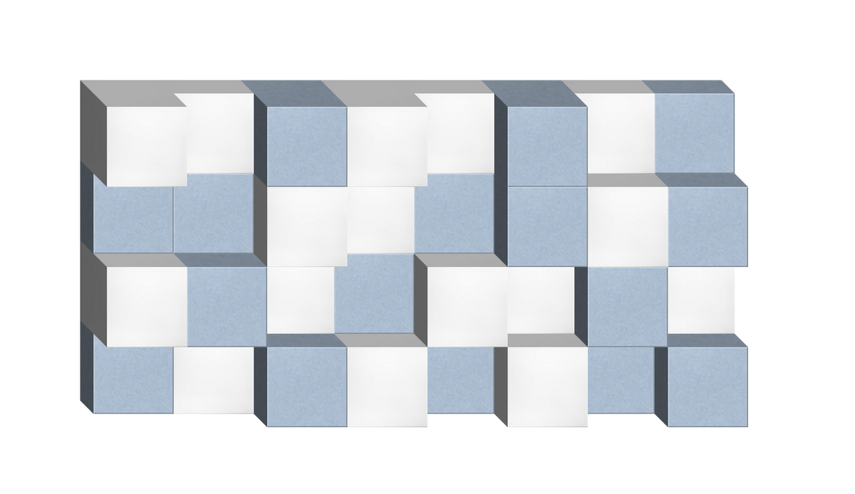 Geometric tile pattern in powder blue and white with staggered block design.