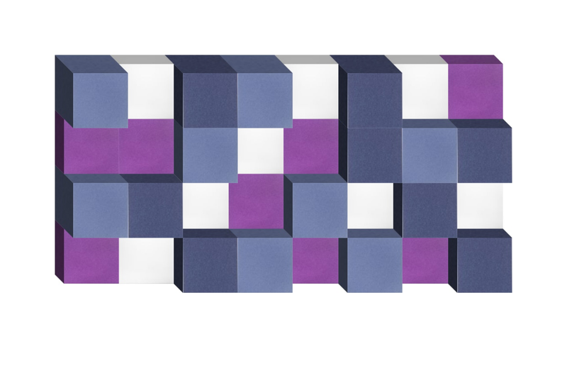 Three-dimensional block structure with purple, blue, white, and dark navy colored cubes arranged in an abstract geometric pat