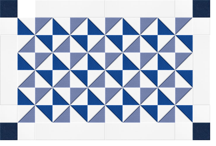 Geometric quilted pattern with navy blue, white, and gray triangles arranged in repeating diamond motifs.