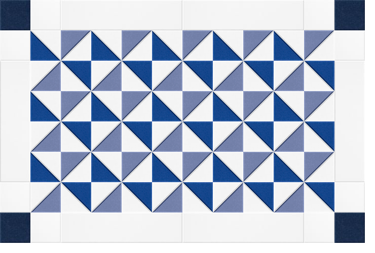 Repeating geometric pinwheel pattern in navy, gray, and white triangles on grid background.