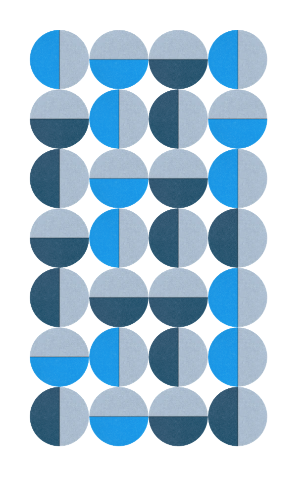 Grid pattern of 28 circles in blue, teal, and light gray segments arranged in four columns and seven rows.