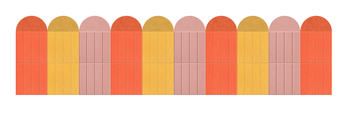 Ten rounded-top columns in alternating orange, yellow, and mauve colors with vertical line details.