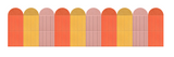 Ten rounded-top columns in alternating orange, yellow, and mauve colors with vertical line details.