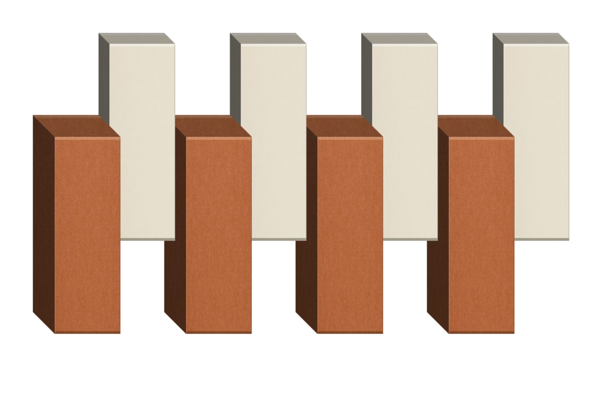 Four brown rectangular blocks alternating with four cream-colored tall rectangular blocks in a 3D isometric arrangement.