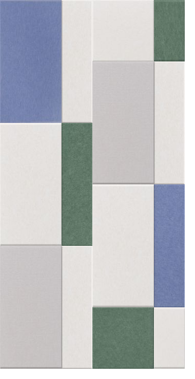 Color palette swatch showing blue, green, gray, and cream rectangular fabric or material samples arranged in asymmetrical blo