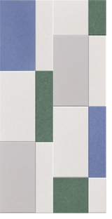 Color palette swatch showing blue, green, gray, and cream rectangular fabric or material samples arranged in asymmetrical blo