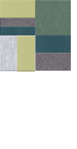 Color palette showing nine fabric swatches in shades of green, yellow, gray, and blue arranged in a grid pattern.
