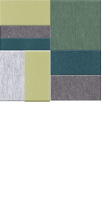 Color palette showing nine fabric swatches in shades of green, yellow, gray, and blue arranged in a grid pattern.