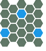 Honeycomb pattern with sage green hexagons and three blue accent hexagons separated by white lines.
