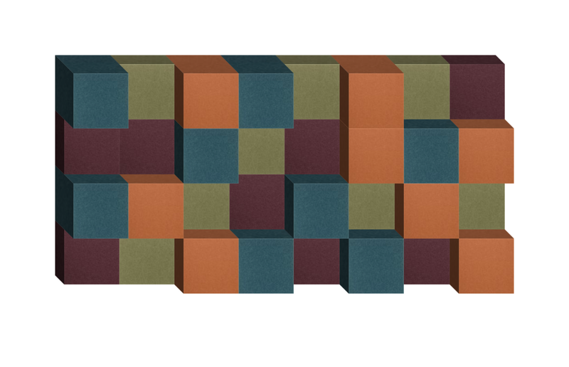 3D geometric wall art with interlocking squares in teal, orange, olive, and burgundy colors.