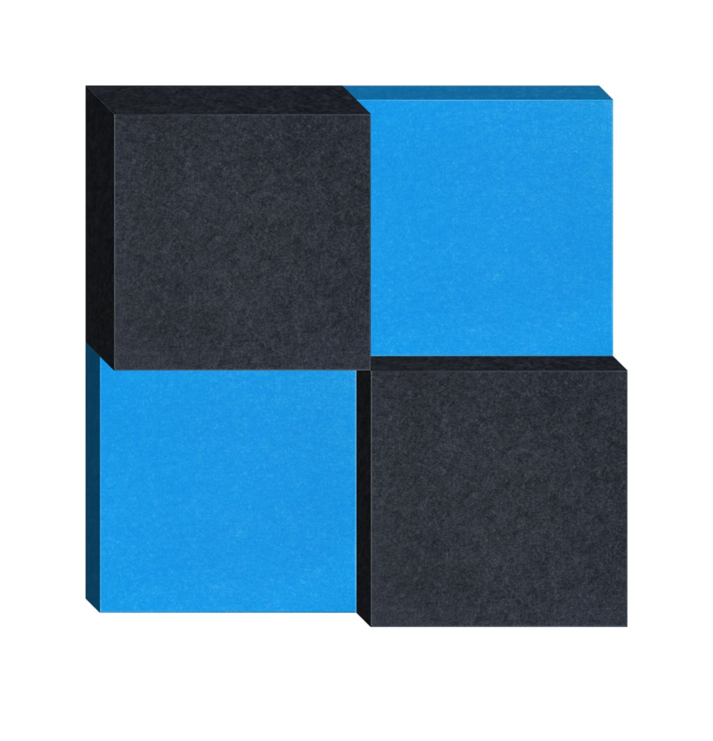 3D geometric design with four interlocking cubes in alternating blue and dark gray tones.
