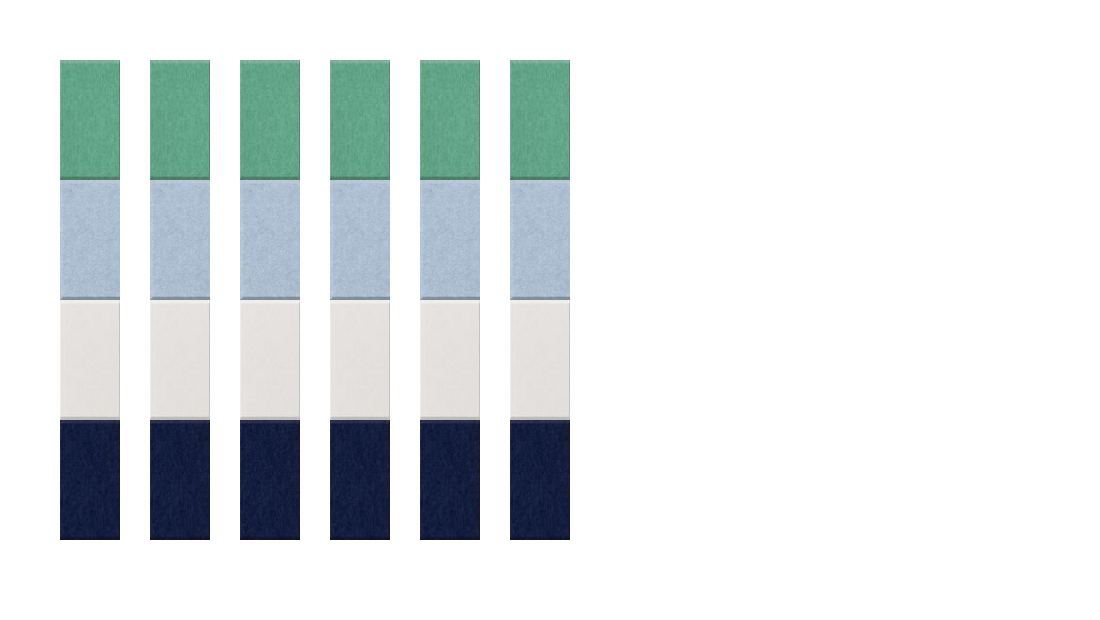 Six vertical color swatches showing teal, blue, cream, and navy color options stacked in rows.