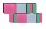 Three-dimensional geometric composition with pink, blue-gray, and green rectangular blocks arranged in staggered horizontal r