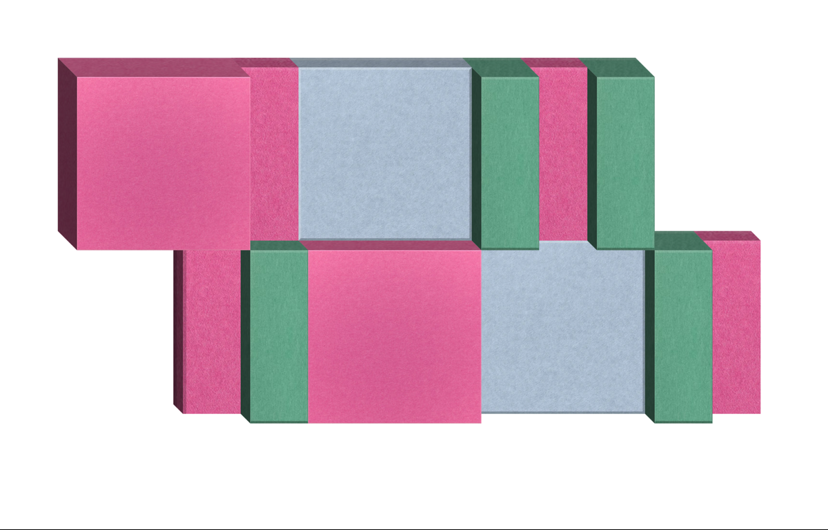 Three-dimensional geometric composition with pink, blue-gray, and green rectangular blocks arranged in staggered horizontal r