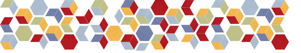 Geometric hexagon pattern in red, gold, blue, and green tones arranged in repeating rows.