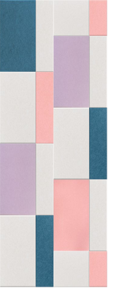 Abstract geometric pattern with teal, pink, lavender, and cream colored rectangular blocks arranged in asymmetrical layout.