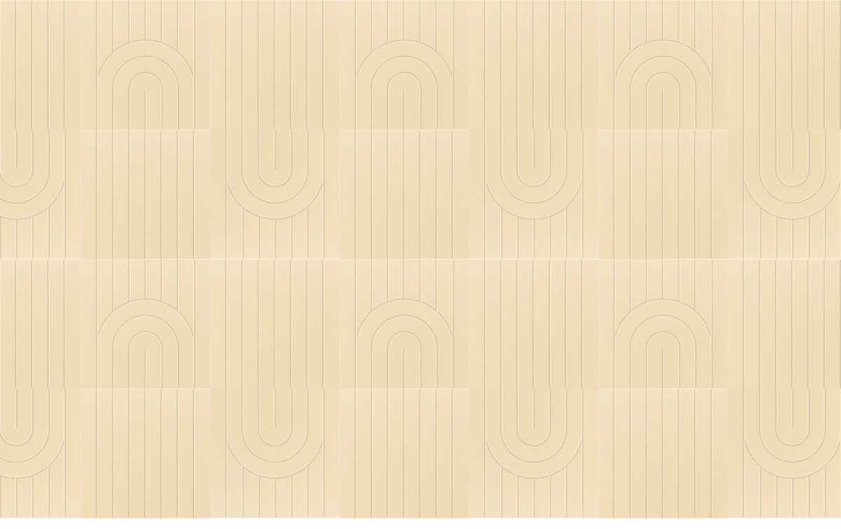 Beige wallpaper with repeating vertical stripes and arch geometric patterns in a subtle tan tone.