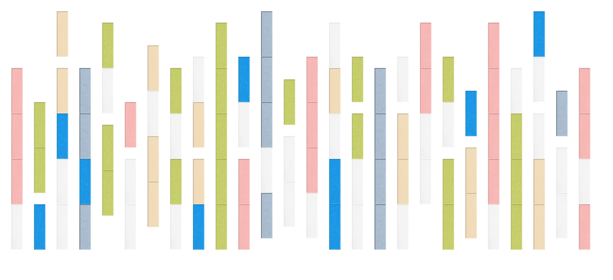 Vertical bars in varying heights in blue, green, pink, gray, beige, and white arranged in a column chart pattern.