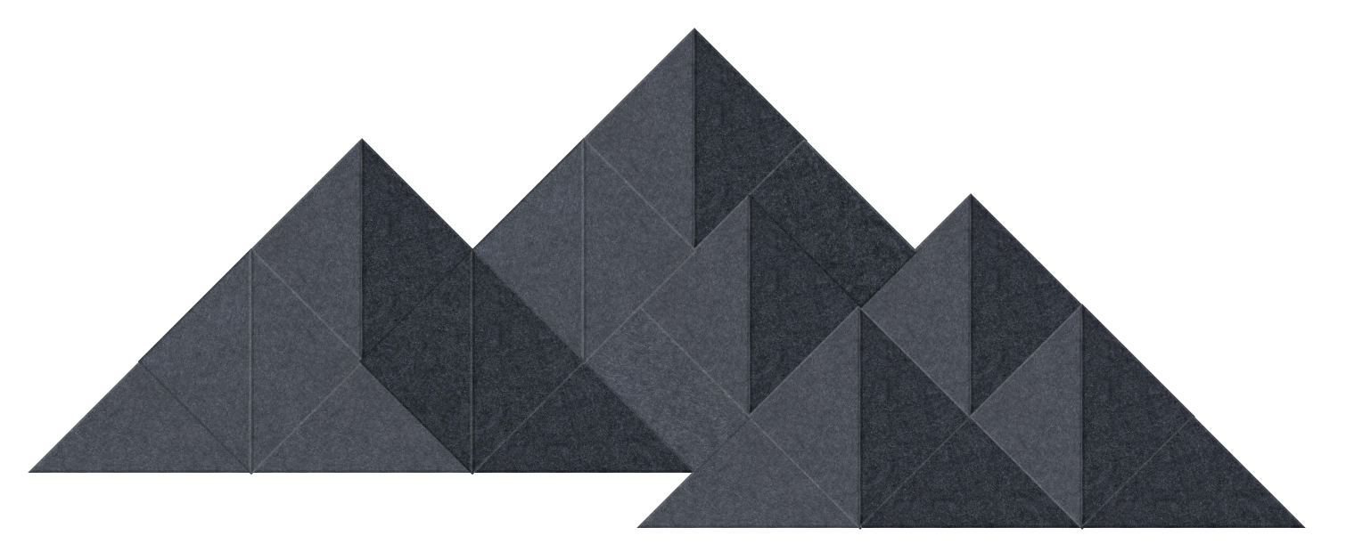 A  Felt Right wall art piece of shaded mountain greys, in various shades of grey, arranged in a geometric pattern.