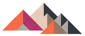 A Felt Right collection of geometric shaped tiles in shades of red, orange, and gray, arranged in a visually appealing pattern on a wall.