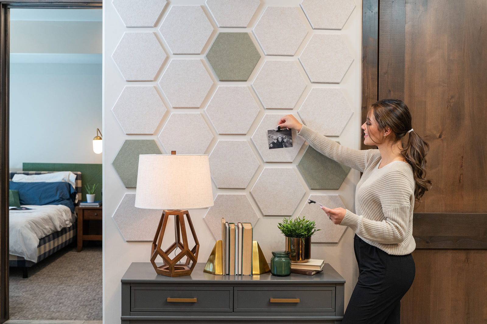 Felt Right Honeycomb design in cream and light green displayed in a hallway or entry way hexagons are pinnable